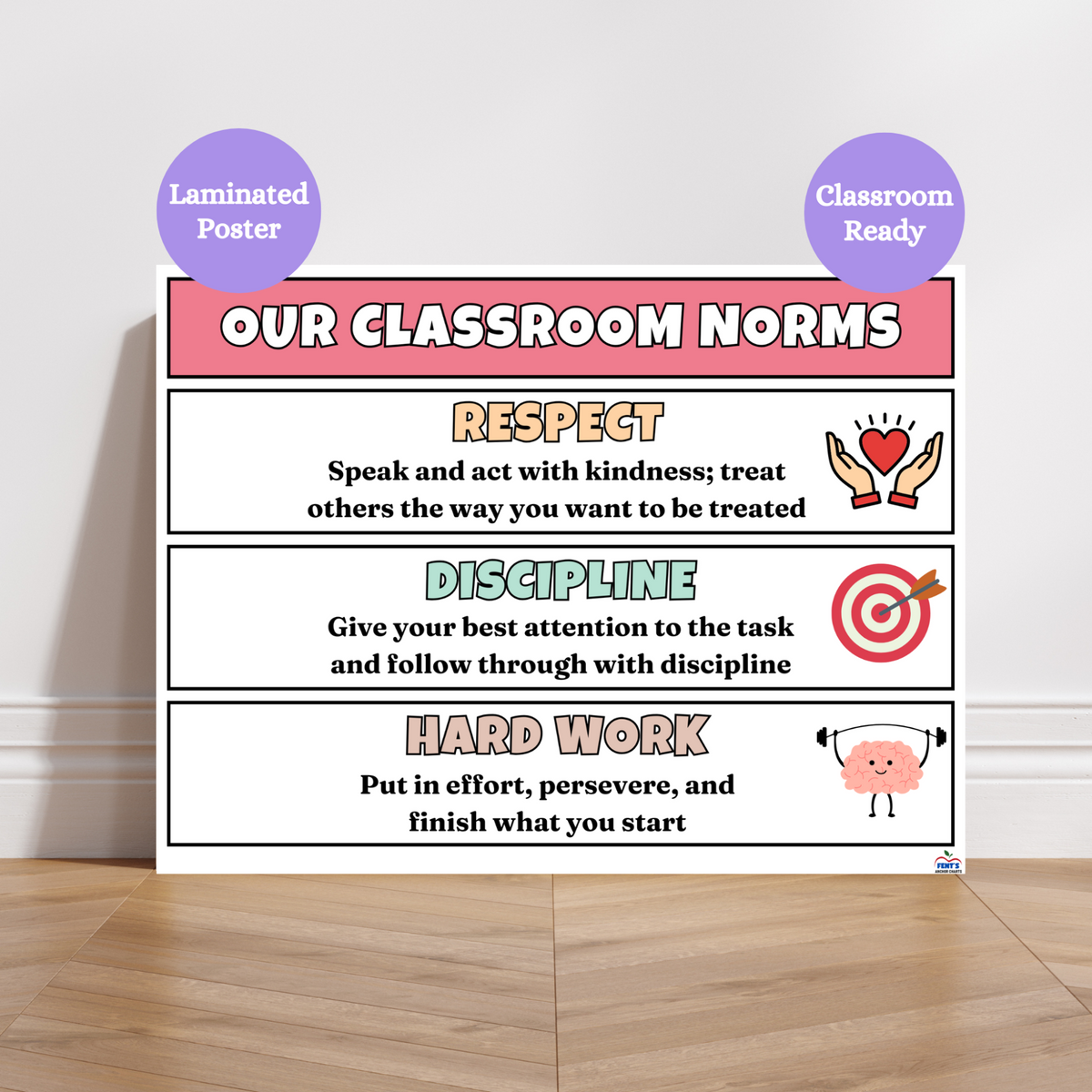 This horizontal classroom norms anchor chart is a great poster to showcase to students respect, discipline and hard work in your classroom. Poster has graphics representing each section and is laminated for durability in elementary classrooms.