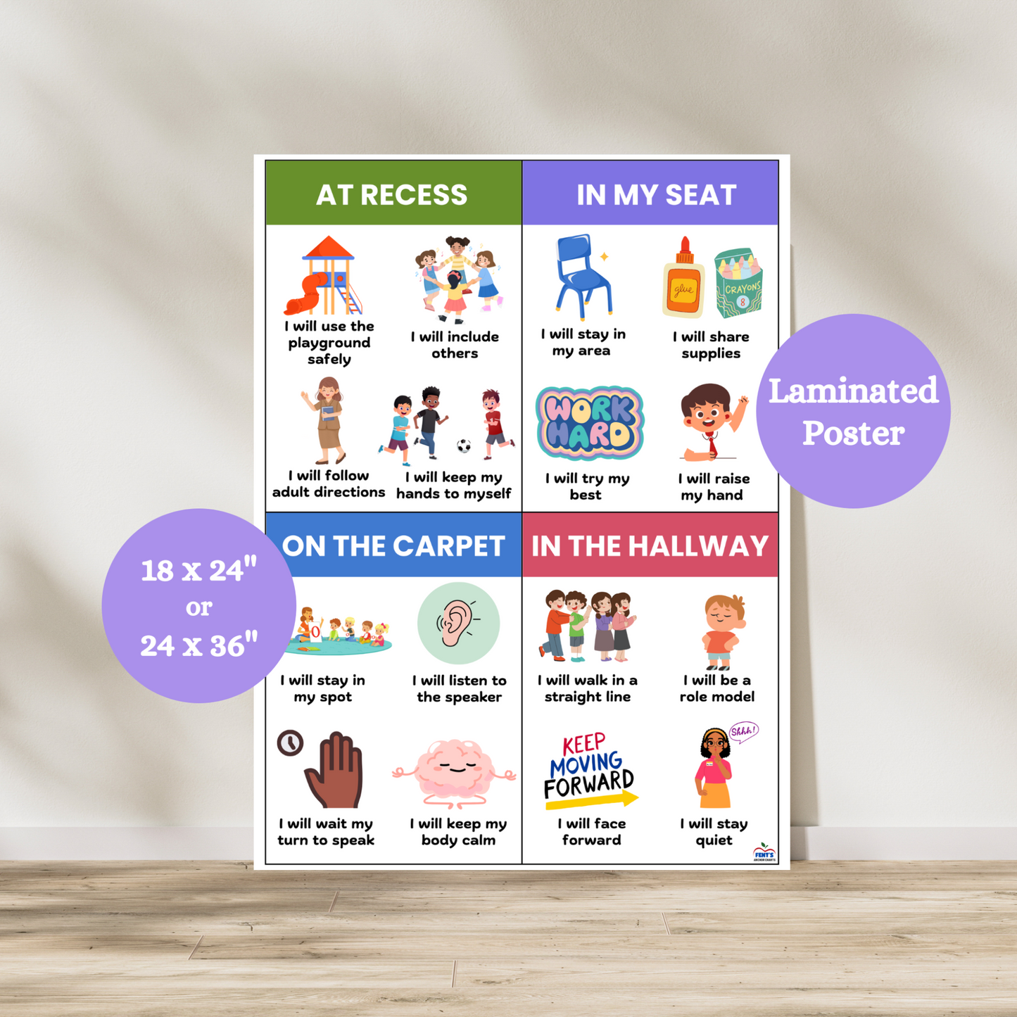 Laminated classroom expectations anchor chart for elementary students with four behavior categories: At Recess, In My Seat, On the Carpet, and In the Hallway. Features “I will” statements with kid-friendly illustrations to support behavior management, routines, and SEL. Ideal for classroom decor, rules reinforcement, and back-to-school displays.