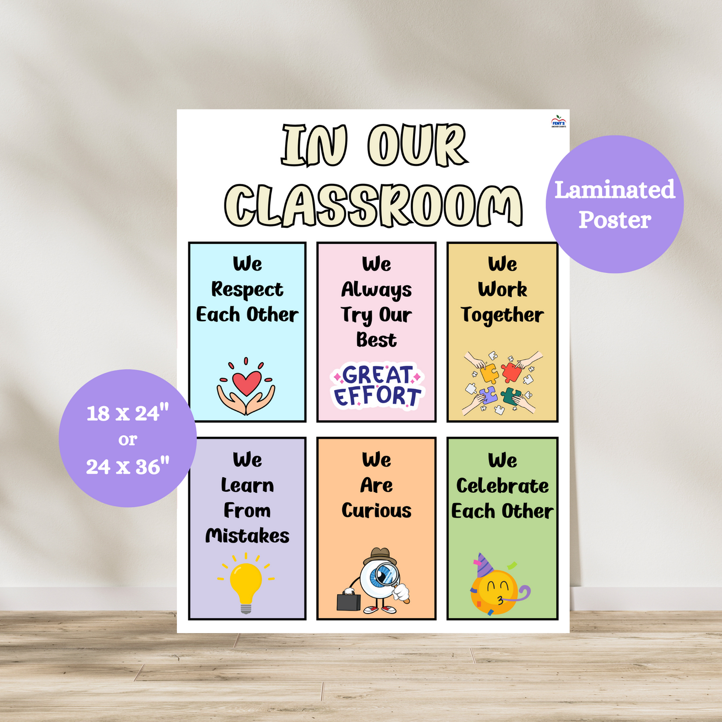 Laminated classroom rules anchor chart for kindergarten and early elementary featuring six behavior expectations: We Respect Each Other, We Always Try Our Best, We Work Together, We Learn From Mistakes, We Are Curious, and We Celebrate Each Other. Colorful poster with kid-friendly illustrations to support positive behavior, classroom management, and social-emotional learning. Ideal wall decor for teachers and school counselors.