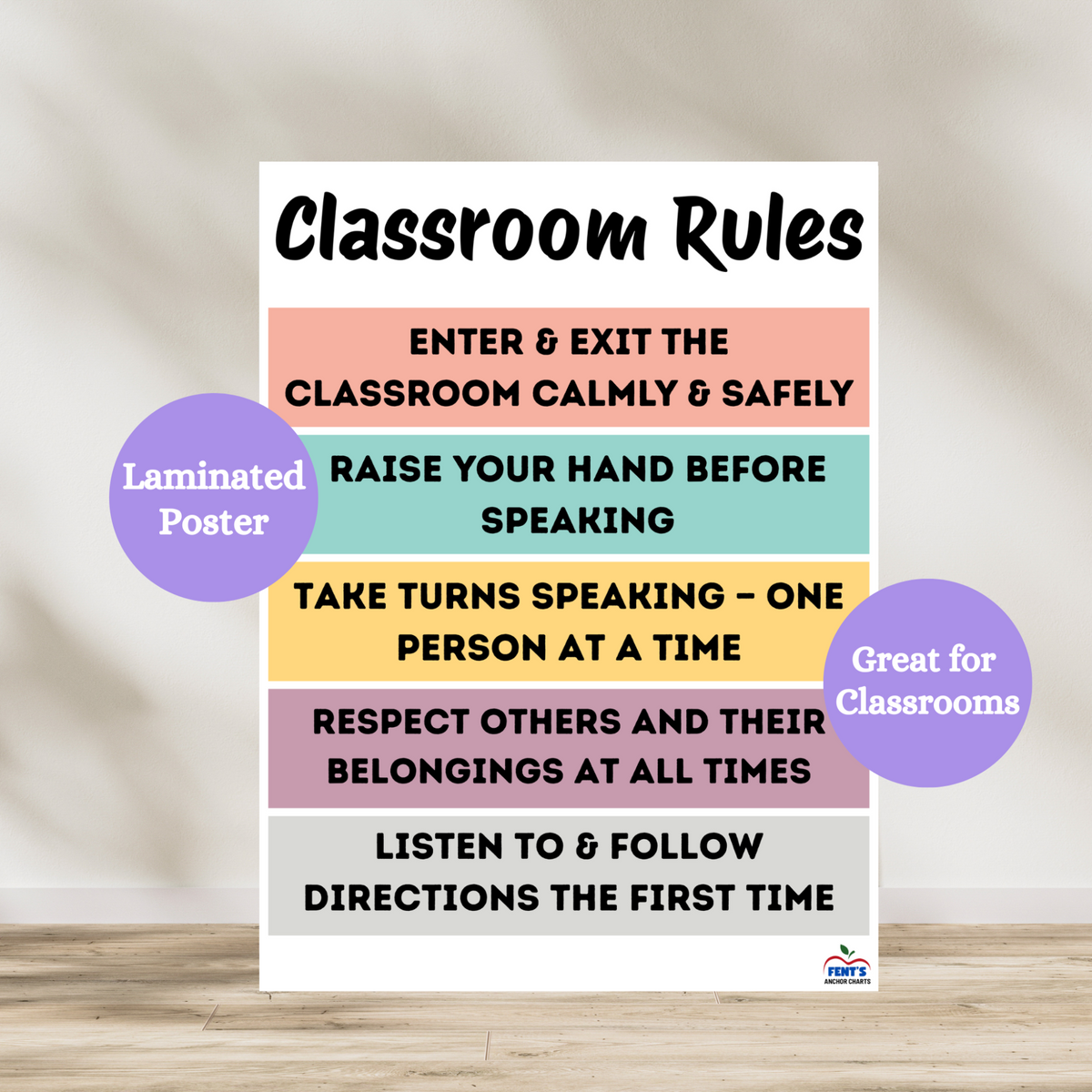 Classroom rules laminated poster featuring five classroom rules for students to follow. Great to hang in elementary and middle school classrooms for student reference. Laminated for classroom durability