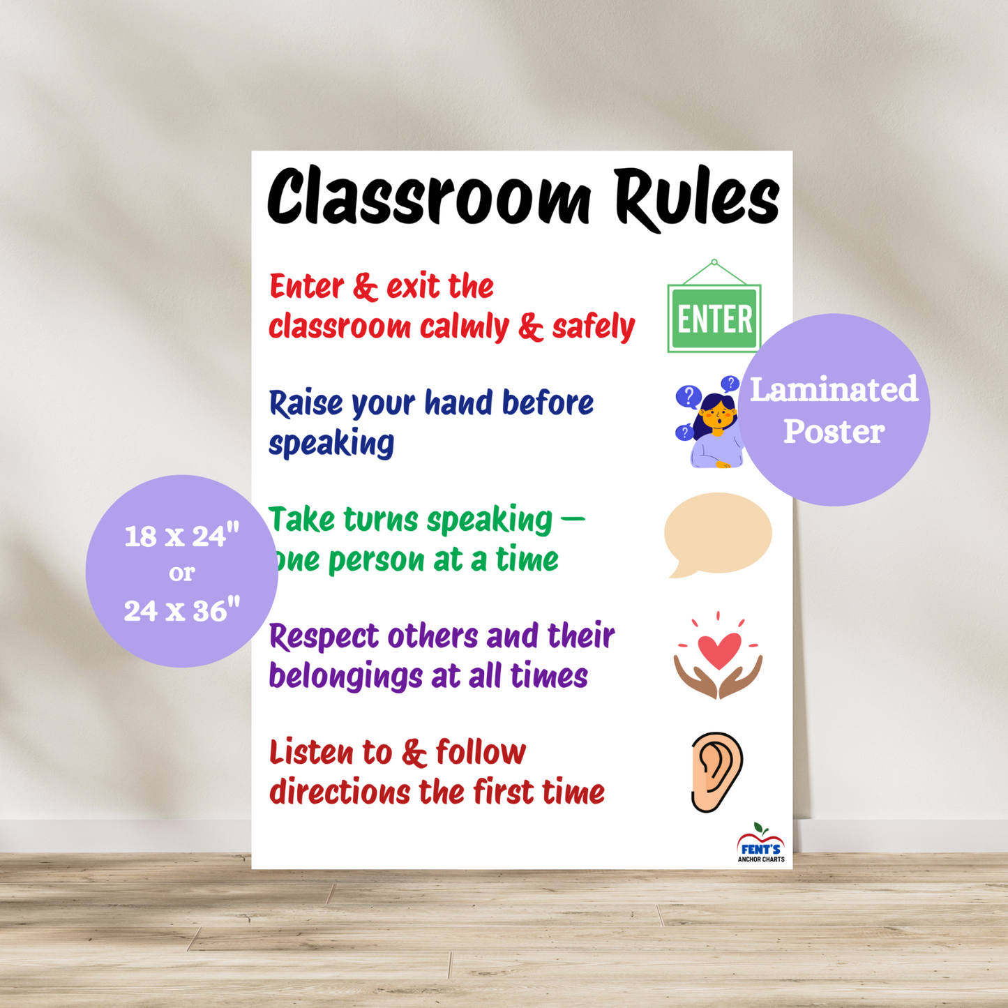Classroom Rules anchor chart that teaches students the five main rules in the classroom. Laminated for durability in elementary classrooms. Comes in 18 x 24 and 24 x 36