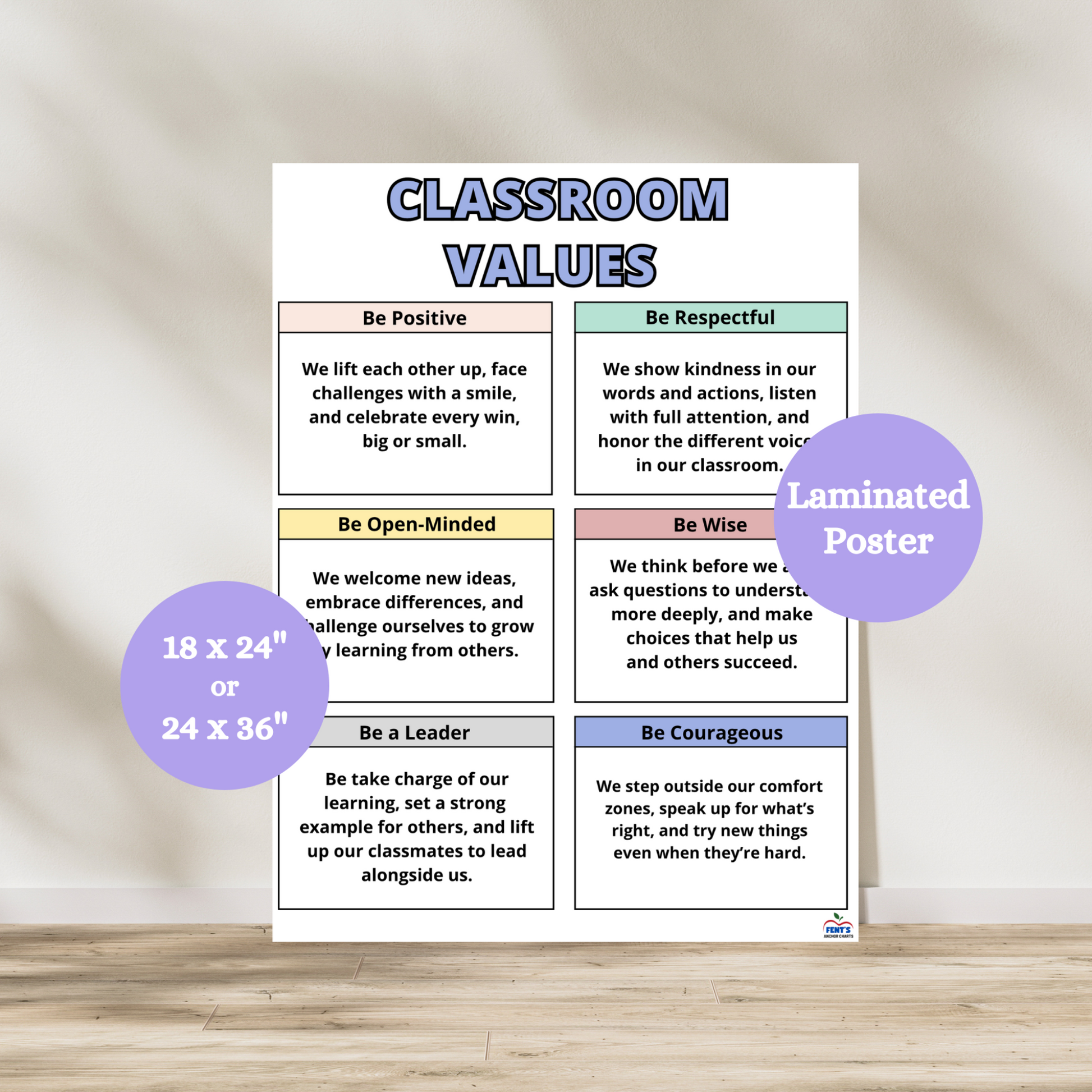 Laminated classroom values poster featuring seven positive behavior statements including Be Positive, Be Respectful, Be Open-Minded, Be Wise, Be a Leader, and Be Courageous. Available in 18x24 or 24x36 inches.