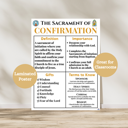 This catholic sacrament of confirmation poster teaches children about the sacrament of confirmation. The poster has a white background and is divided into four categories to teach about the sacrament definition, importance, gifts and terms to know. All titles are in gold lettering. All subheading writing is in black. Laminated for durability.