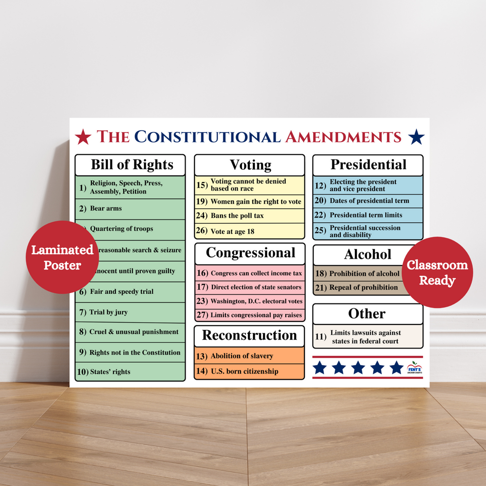 Statutory Amendment Constitutional Amendments Laminated Poster | US History Classroom Decor ...
