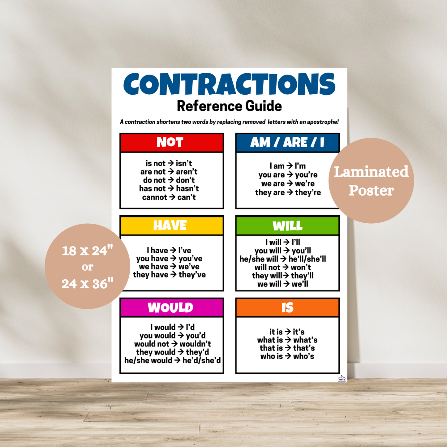 Laminated contractions anchor chart for elementary ELA. classrooms Covers not, have, will, would, and is. Great poster for first grade, second grade, third grade, fourth grade and fifth grade. 

