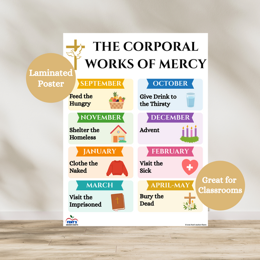 The corporal works of mercy calendar for schools. Laminated catholic classroom poster that can hang on any wall material. Laminated for durability.