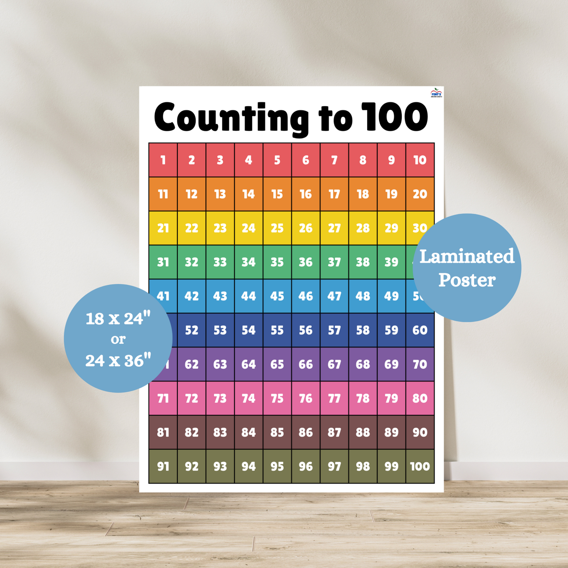 Bright and colorful hundreds chart teaching young math students how to count to 100. Each row has is a different color making it super easy for kindergarten, first grade and second grade students to understand.