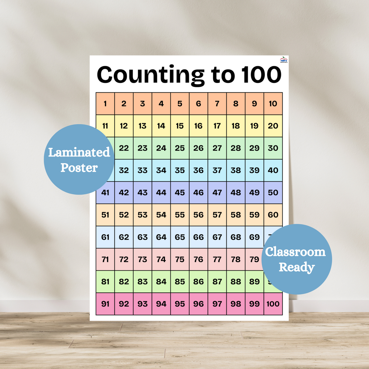 Bright and colorful hundreds chart teaching young math students how to count to 100. Each row has is a different color making it super easy for kindergarten, first grade and second grade students to understand. Laminated for durability.