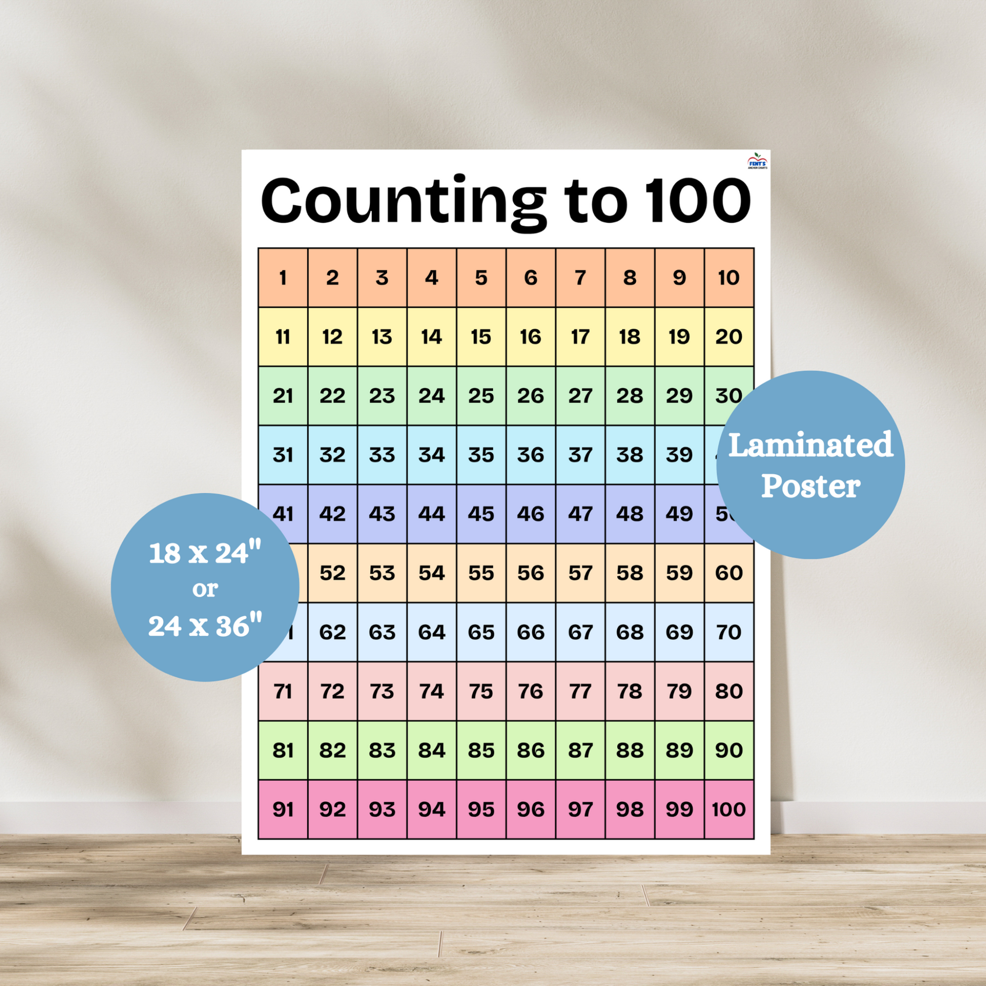Bright and colorful hundreds chart teaching young math students how to count to 100. Each row has is a different color making it super easy for kindergarten, first grade and second grade students to understand.