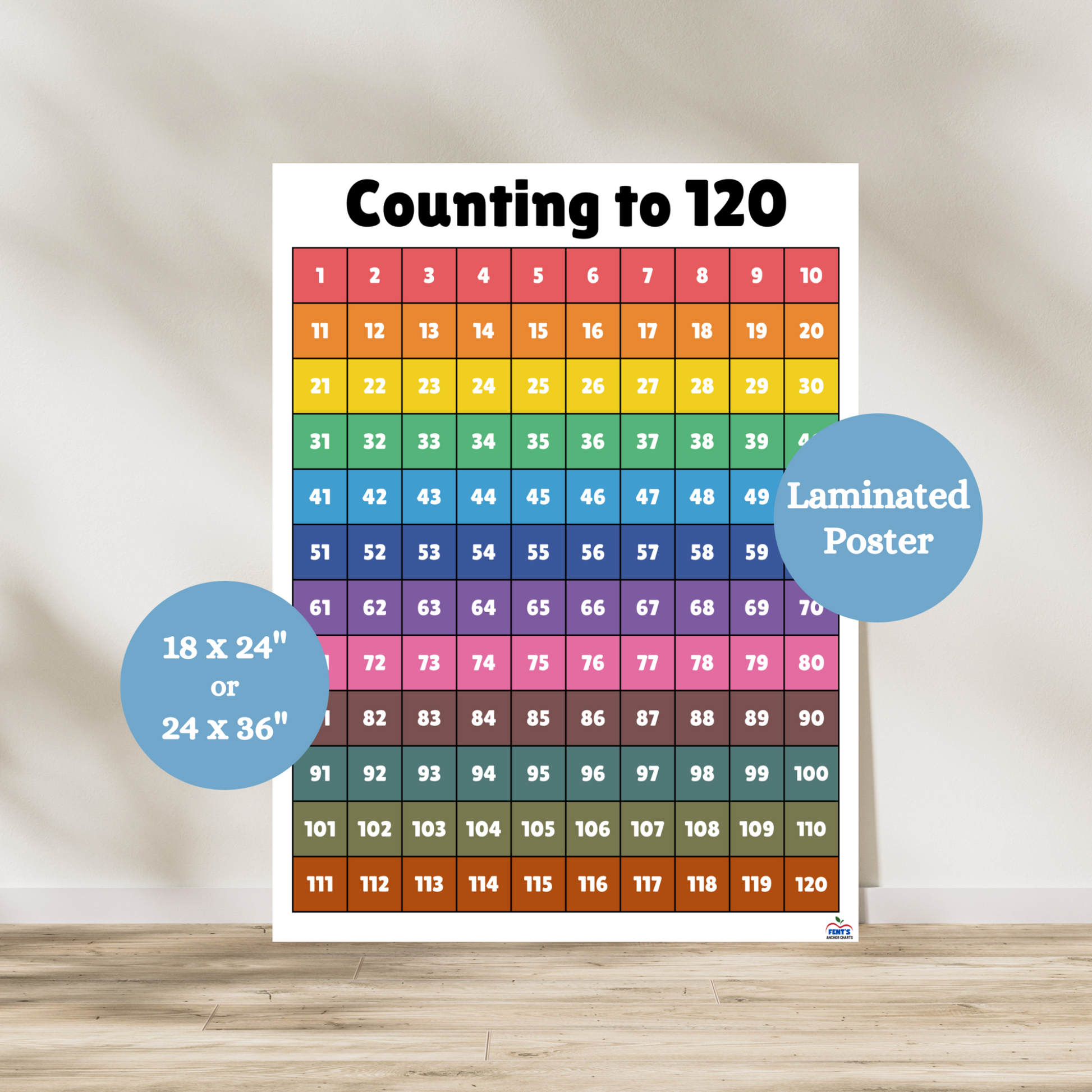 Bright and colorful hundreds chart teaching young math students how to count to 100. Each row has is a different color making it super easy for kindergarten, first grade and second grade students to understand.