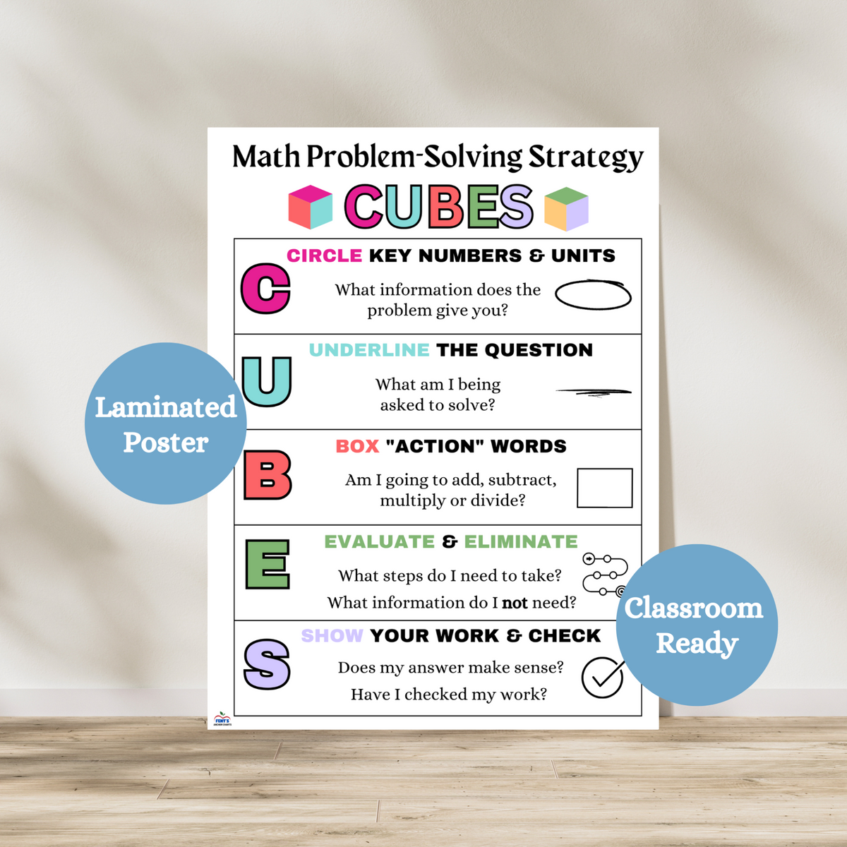 This Math Problem-Solving Anchor chart has the words CUBES written at the top with two multi-colored cubes next to it. Then the acronym cubes is written down the left side of the poster and there are descriptions and pictures to match it. This poster is a great visual for elementary and middle school math classrooms supporting students in the steps to solving math word problems. Laminated for classroom durability.