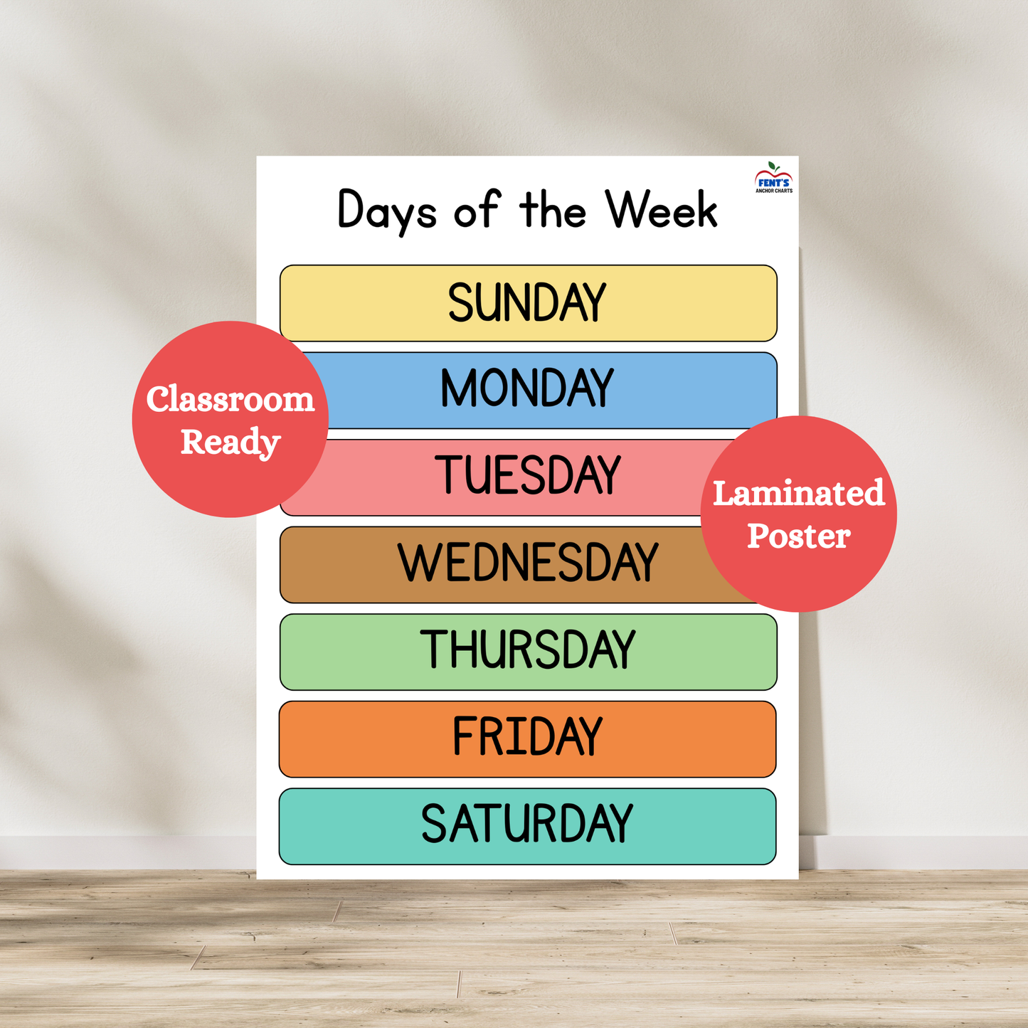 Days of the week poster for preschool, kindergarten and homeschool settings. Laminated for classroom durability