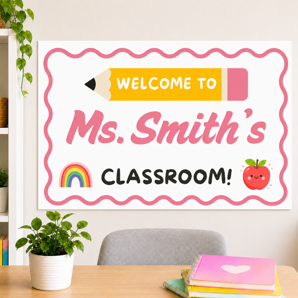 Laminated decorative welcome banner for elementary and middle school classrooms. Personalized with teacher's name and two icons of their choosing. Laminated for durability.