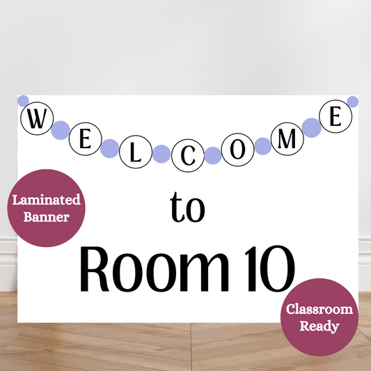 Personalized welcome to the classroom laminated banner. Great poster to hang in a classroom or classroom door. Room number of classroom is personalizable. Laminated for durability in schools. 