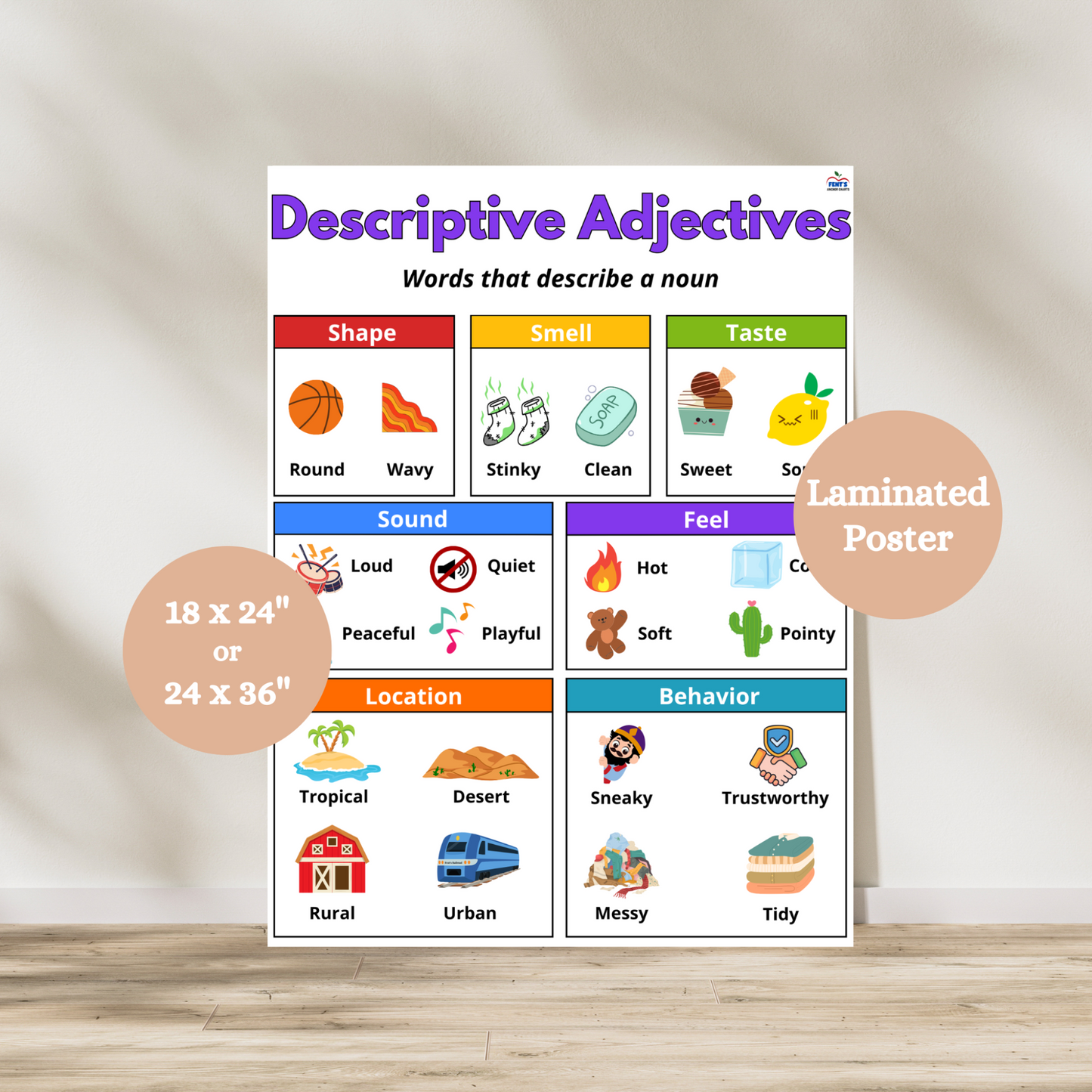 Descriptive Adjectives anchor chart for classroom with illustrated examples of adjectives by shape, smell, taste, sound, feel, location, and behavior. Laminated poster for durability in elementary classroom. 