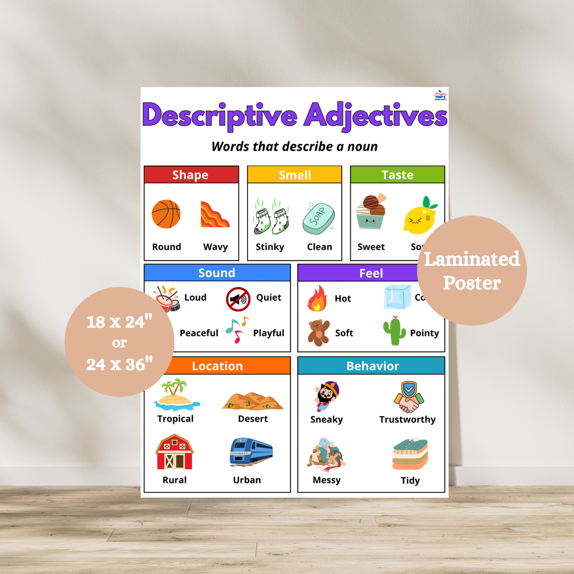 Descriptive Adjectives anchor chart for classroom with illustrated examples of adjectives by shape, smell, taste, sound, feel, location, and behavior. Laminated poster for durability in elementary classroom. 