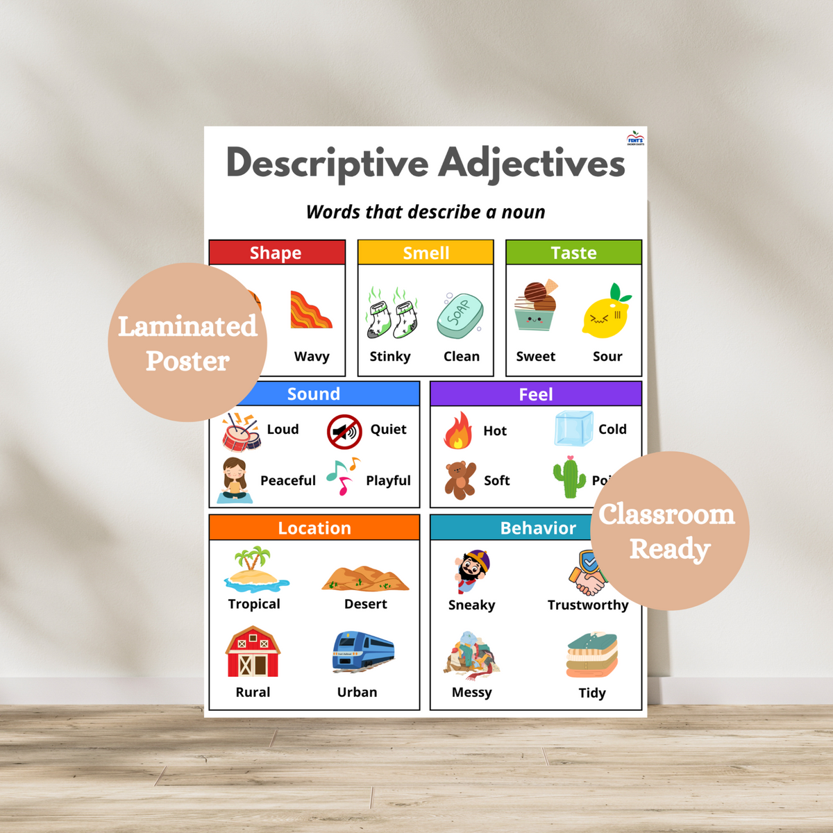 Laminated and colorful descriptive adjective anchor chart. Seven categories with examples and pictures with different types of descriptive adjectives. Designed for first to fifth grade classrooms and teachers.