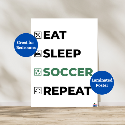 Eat sleep soccer repeat laminated poster. Great for boys bedrooms. Great for soccer lovers. Laminated for durability with kids.