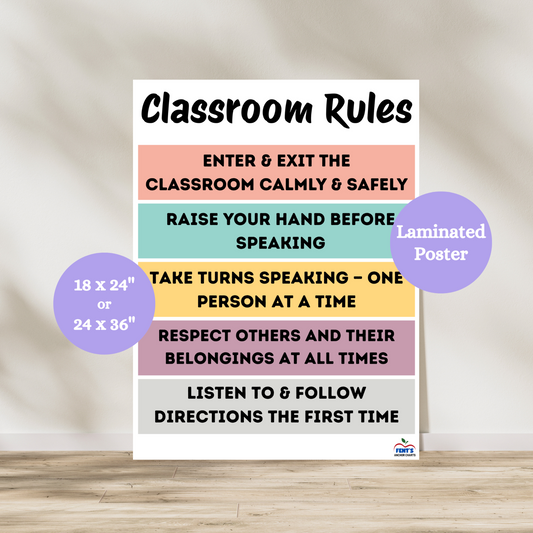 Classroom Rules anchor chart that teaches students the five main rules in the classroom. Laminated for durability in elementary classrooms. Comes in 18 x 24 and 24 x 36