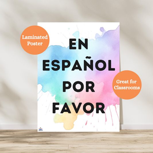 This En Espanol Por favor is perfect for any spanish speaking or dual language classroom. The chart has bold black lettering that states "En Espanol Por Favor". The poster has rainbow water colors for a pretty and fun background.