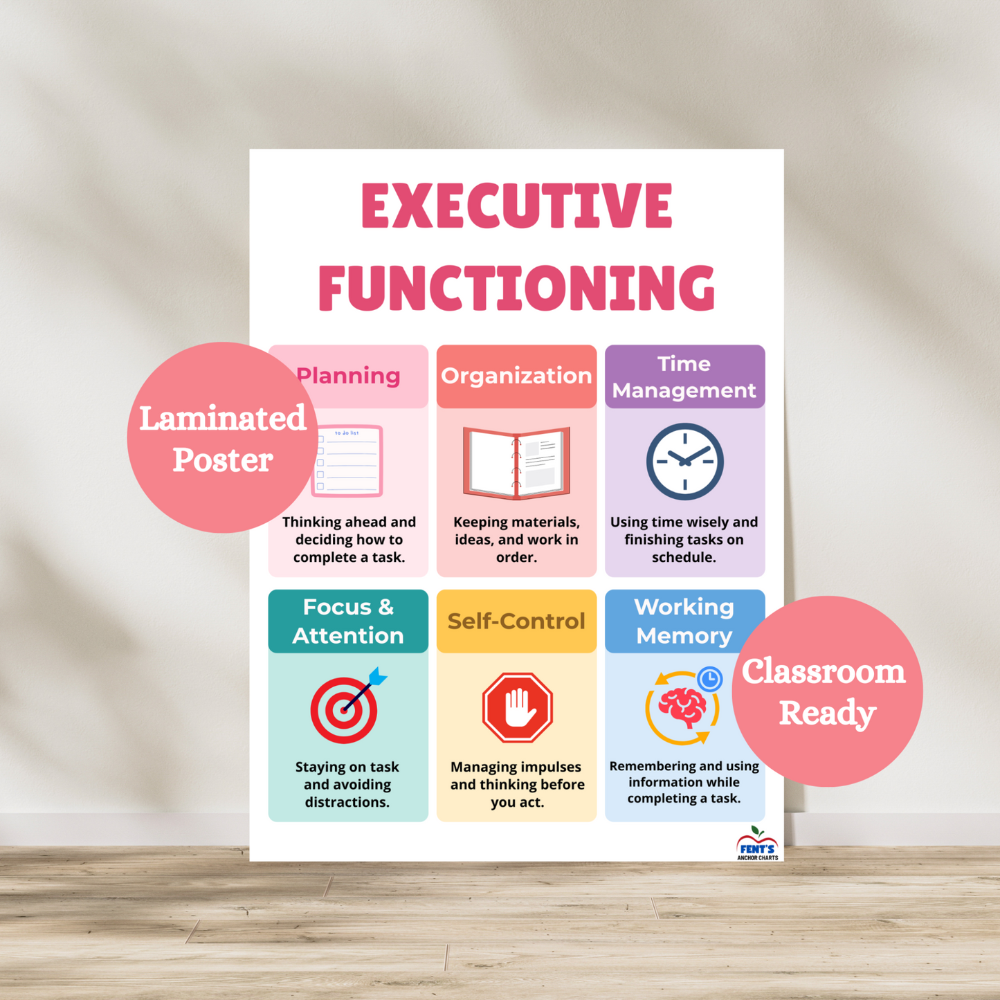 Executive functioning laminated anchor chart that breaks down six executive functioning skills: Planning, organization, time management, focus and attention, self control and working memory. Hang in elementary and middle school classrooms, guidance counselor offices and homes. Laminated for durability.