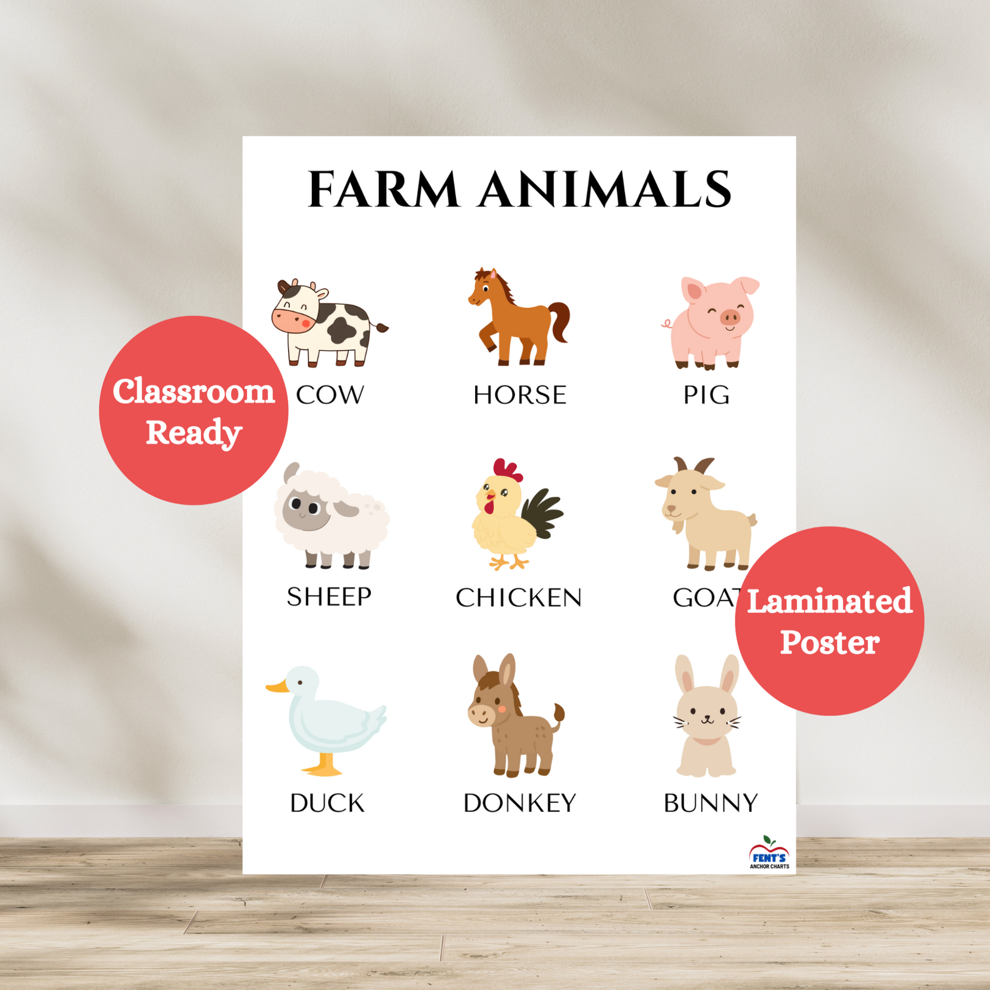 Farm animals poster featuring the nine main animals found on a far. Great poster for toddlers to learn from. Used for bedroom decor, preschool and homeschool setups. Laminated for durability.
