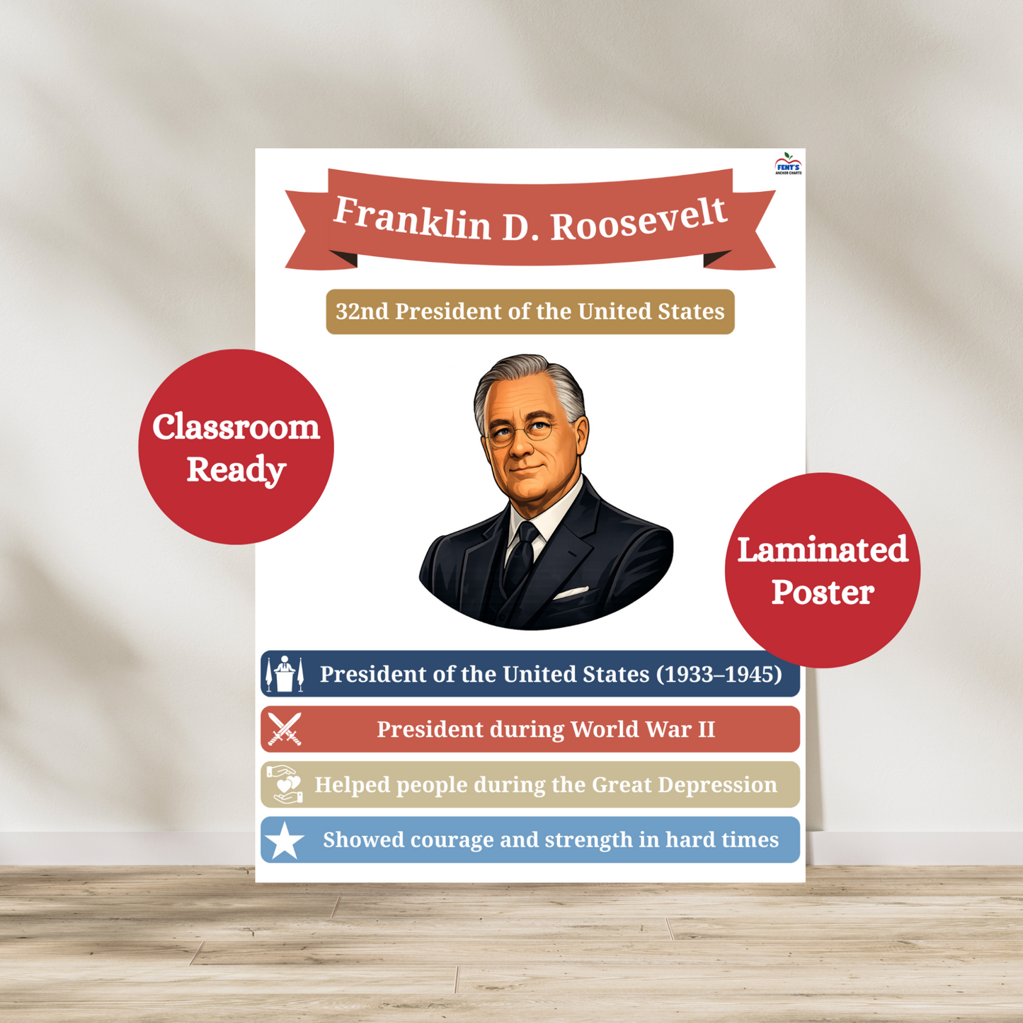 Laminated Franklin D Roosevelt  laminated poster. Featuring the 32nd president of the United States, this anchor chart is great for elementary and middle school social studies and history classrooms.