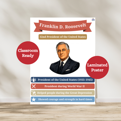 Laminated Franklin D Roosevelt  laminated poster. Featuring the 32nd president of the United States, this anchor chart is great for elementary and middle school social studies and history classrooms.