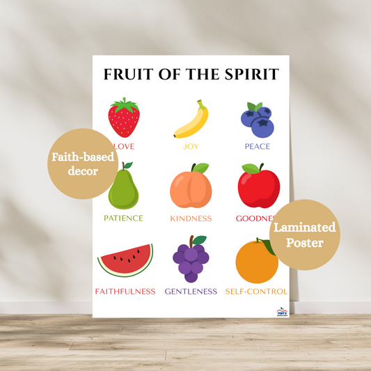 Fruit of the spirit laminated poster for christian toddlers. Great wall art decor for Christian classroom, Faith based preschools and nurseries.