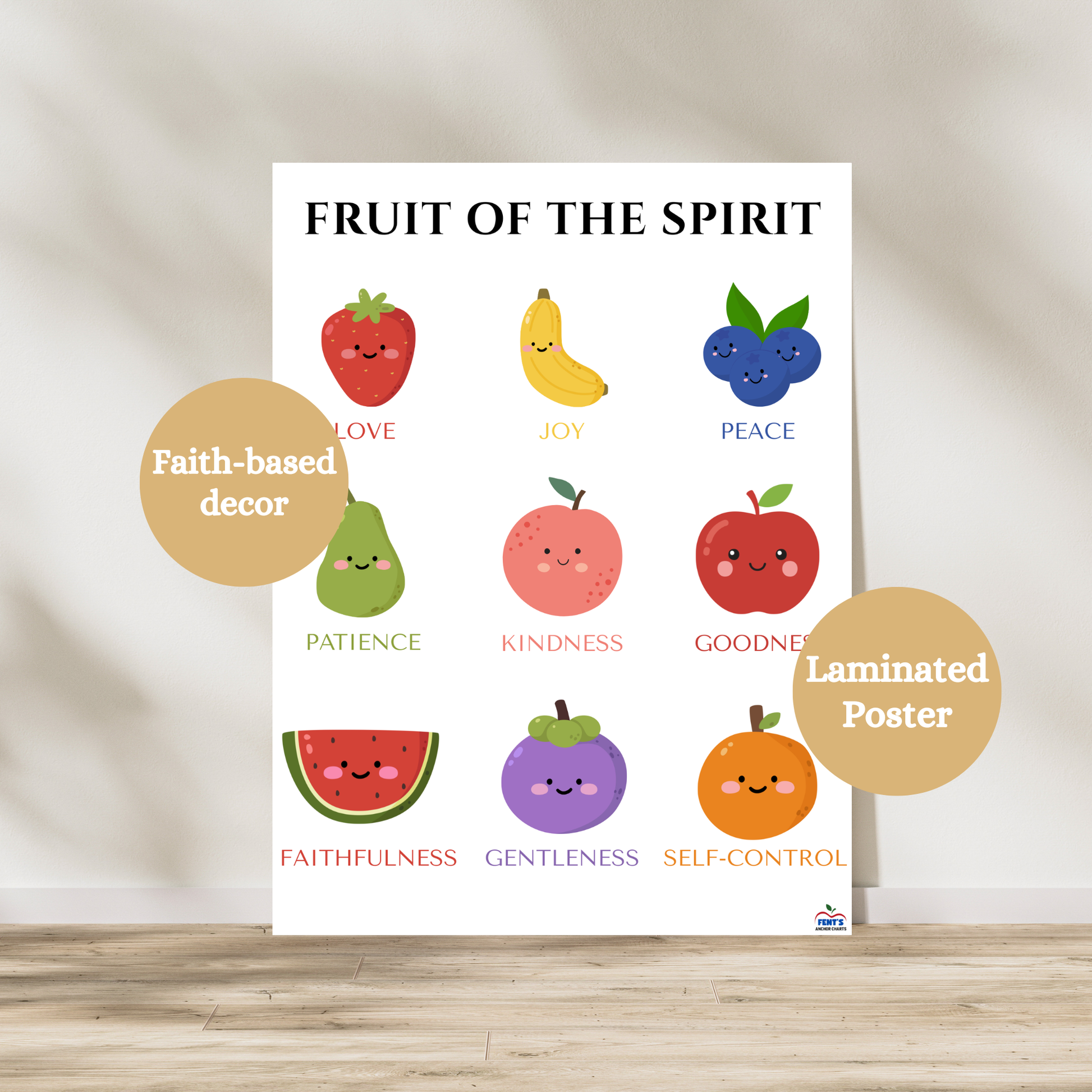 Fruit of the spirit laminated poster for christian toddlers. Great wall art decor for Christian classroom, Faith based preschools and nurseries.