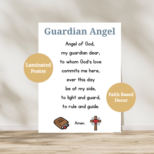 Guardian angel prayer laminated poster. Great poster to hang in catholic classrooms, catholic nurseries, faith formation programs and homes. Laminated for durability.