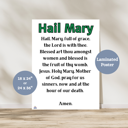 This Hail Mary prayer poster is a great poster for catholic classroms, faith formation programs and churches. This prayer poster allows children to learn and reference the hail mary prayer throughout the school year.