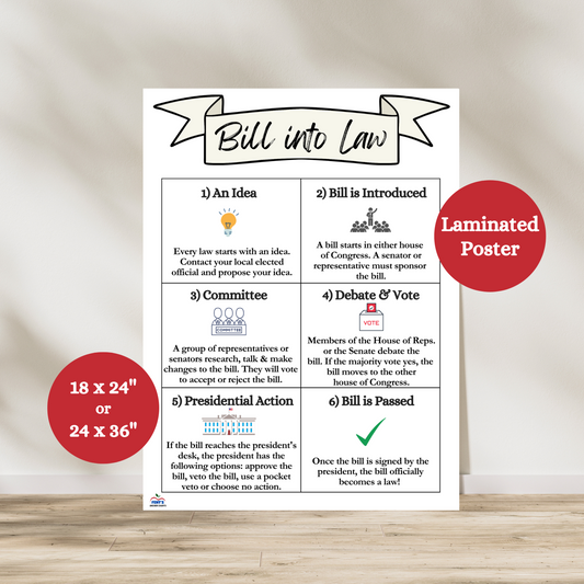 Bill Into Law Anchor Chart for middle and high school. Step-by-step guide on how a bill becomes a law. Perfect for civics, U.S. government, and history classes.