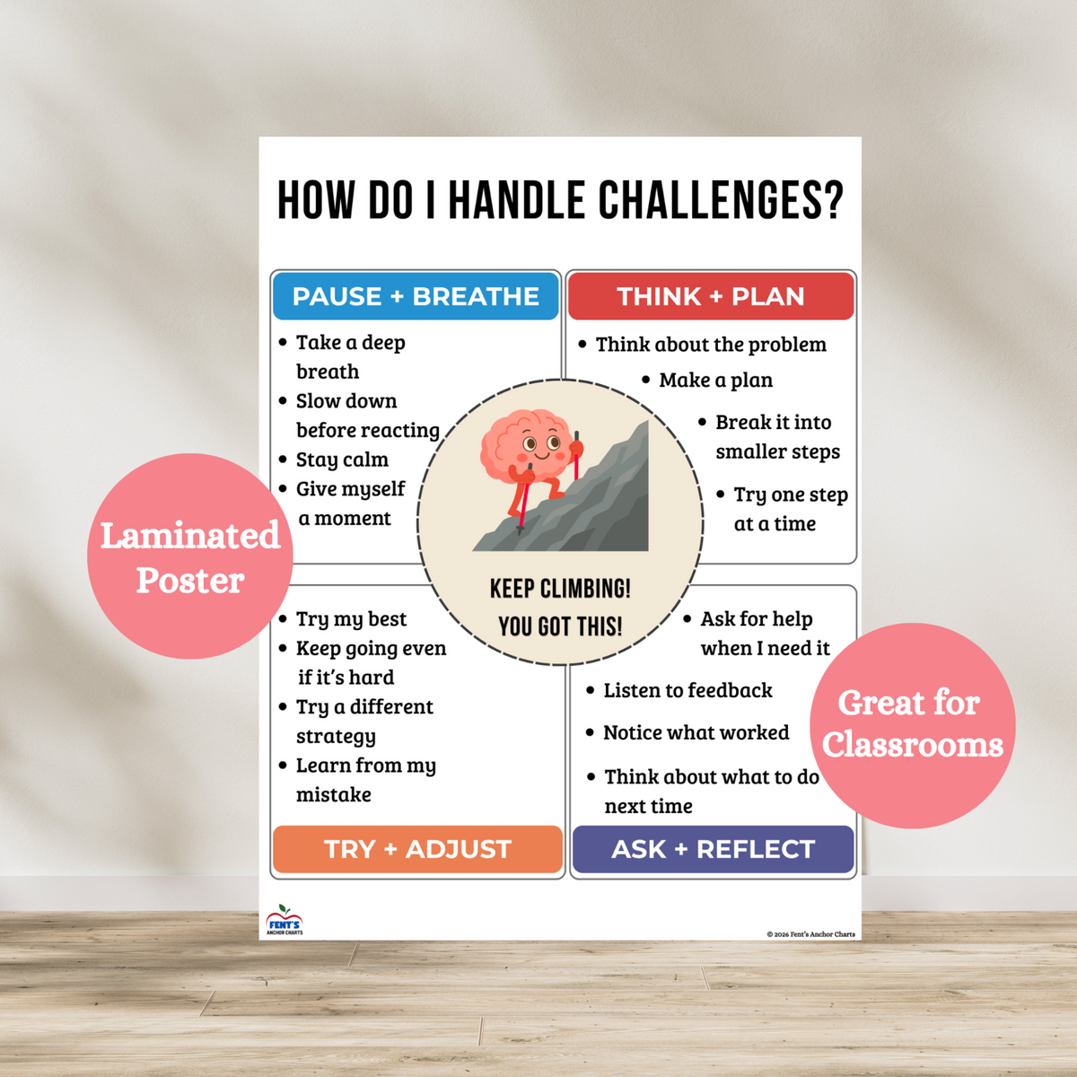 How do I handle challenges laminated poster that features four quadrants with ways for students to handle challenges. Anchor chart is great for any elementary, middle school or high school classroom. Laminated for durability.