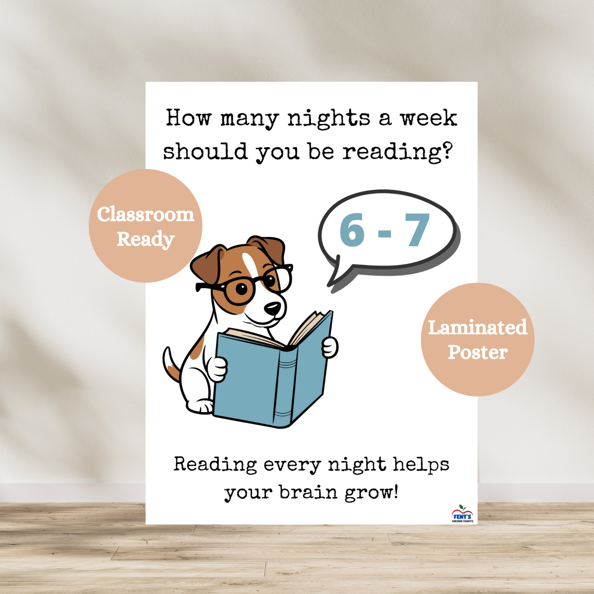 Cute and funny how many nights a week should you be reading 6 - 7 poster. Used in classrooms and at home to encourage students to read at night. Laminated for durability.