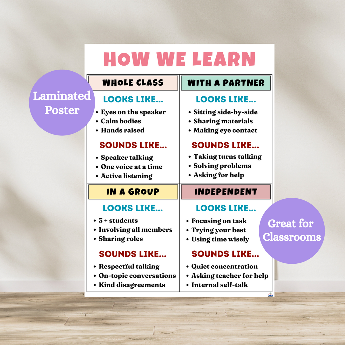 How We Learn laminated poster for elementary and middle school classrooms. hang on classroom wall to show students the expectations when the whole class is working together, with a partner, in a group and independently. Laminated for classroom durability.