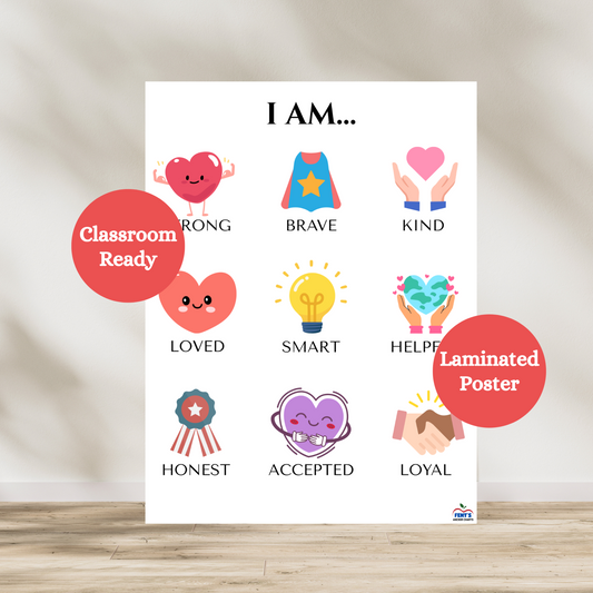 I am laminated poster featuring nine confidence-boosting characteristics for young children and toddlers. Each characteristic is matched with a cute graphic. Used for wall decor in play rooms, bedrooms, and preschool classrooms. Great gift for young boys and girls for positive affirmation.