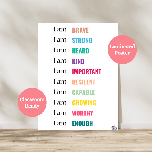 I am statements poster perfect for classrooms, guidance counselor office and homeschool settings. Laminated for durability in classrooms