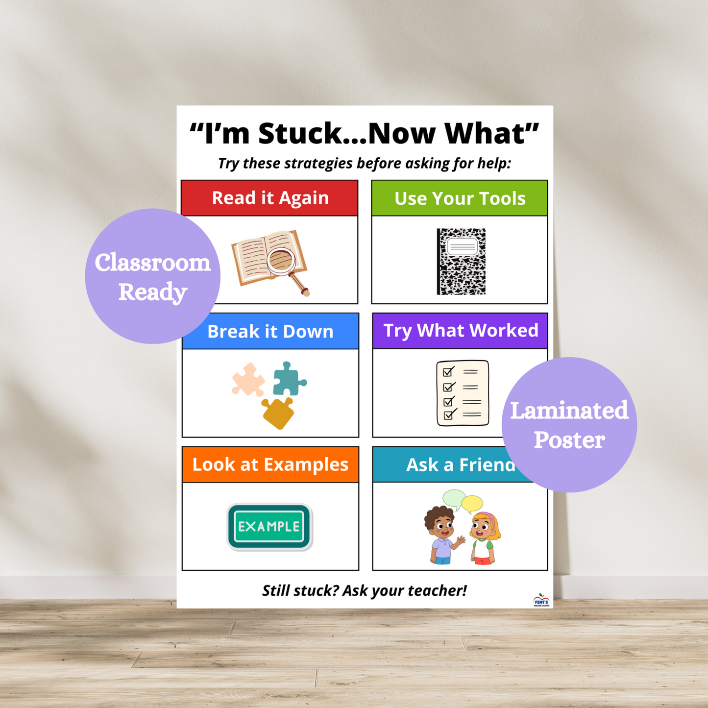 Laminated anchor chart titled “I’m Stuck… Now What?” for elementary classrooms. Includes student strategies like read it again, use your tools, break it down, etc. Great for classrooms. Laminated for durability.