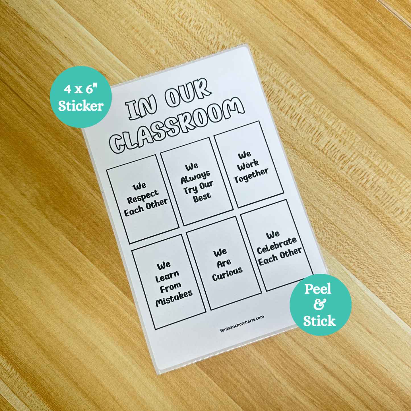 Thermal printed classroom rules anchor chart sticker for kindergarten and early elementary featuring six behavior expectations: We Respect Each Other, We Always Try Our Best, We Work Together, We Learn From Mistakes, We Are Curious, and We Celebrate Each Other. Poster to support positive behavior, classroom management, and social-emotional learning.