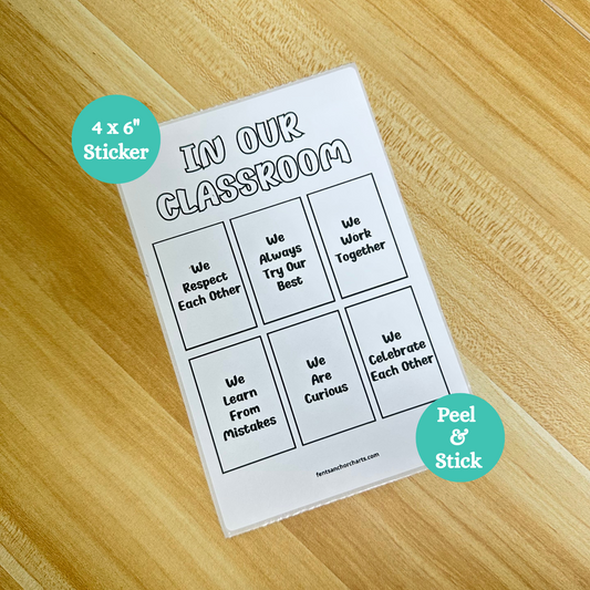 Thermal printed classroom rules anchor chart sticker for kindergarten and early elementary featuring six behavior expectations: We Respect Each Other, We Always Try Our Best, We Work Together, We Learn From Mistakes, We Are Curious, and We Celebrate Each Other. Poster to support positive behavior, classroom management, and social-emotional learning.
