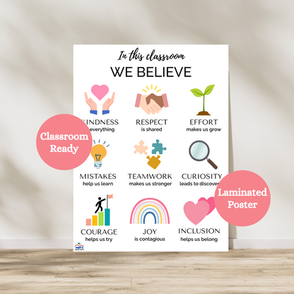 Laminated and classroom ready In this Classroom we believe poster that features 9 different values for students to follow in the classroom. Laminated for elementary classroom durability.