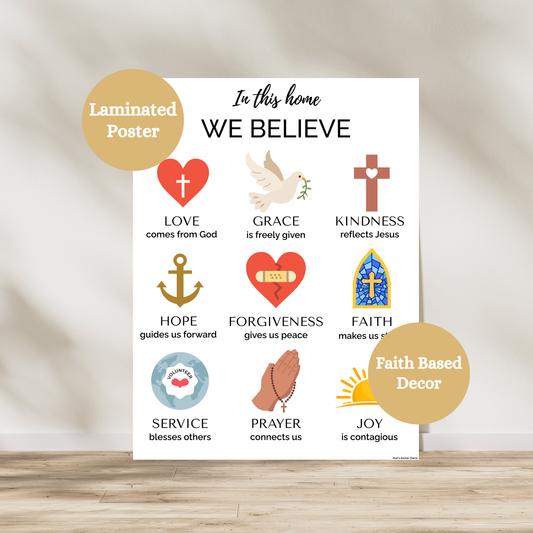 In this home we believe catholic religion poster. Featuring nine icons that support children in homes to remember faith throughout their day. Laminated for durability.