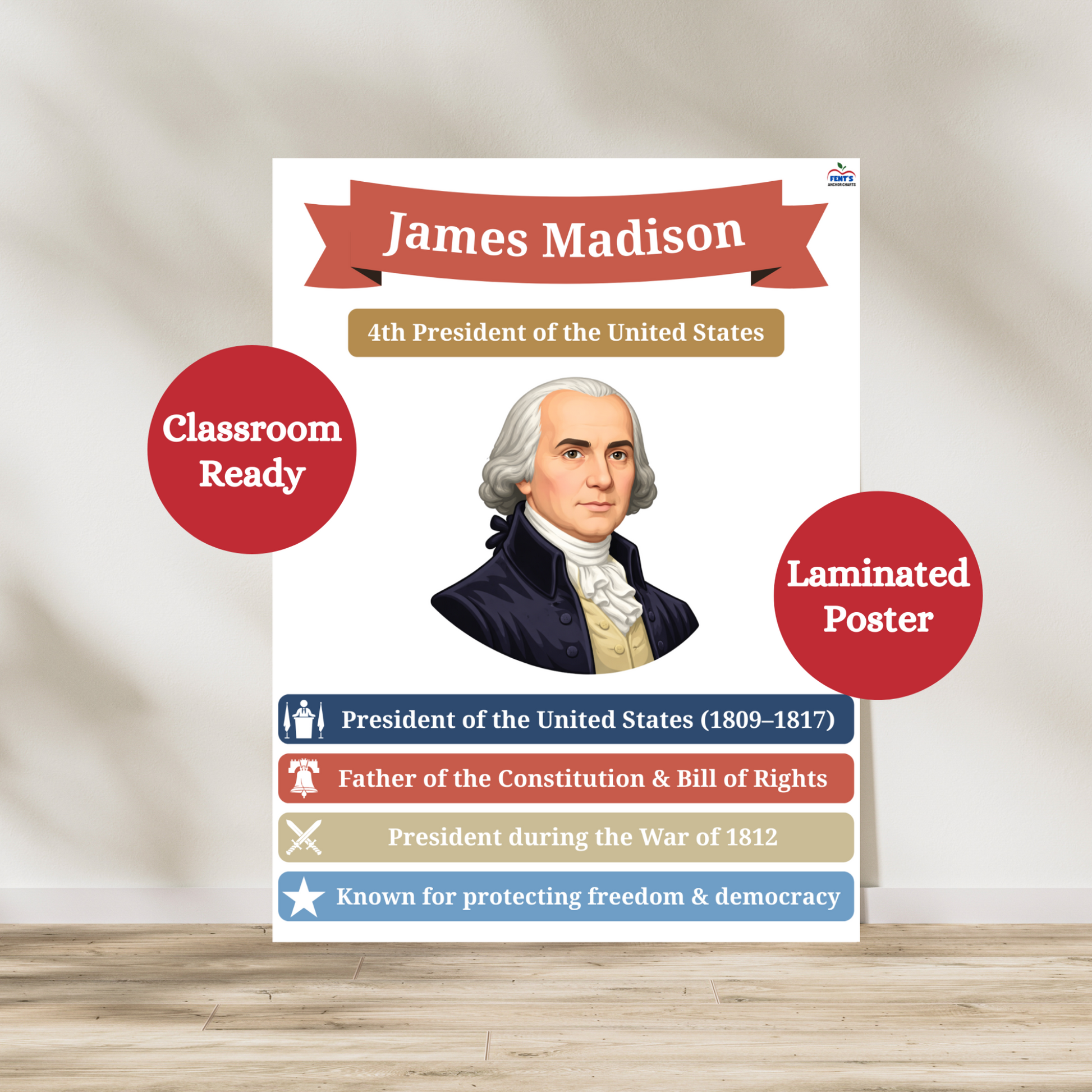 Laminated James Madison laminated poster. Featuring the 4th president of the United States and Founding Father of America, this anchor chart is great for elementary and middle school social studies classrooms while students learn about the war of 1812 and Bill of rights