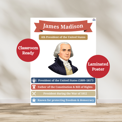 Laminated James Madison laminated poster. Featuring the 4th president of the United States and Founding Father of America, this anchor chart is great for elementary and middle school social studies classrooms while students learn about the war of 1812 and Bill of rights