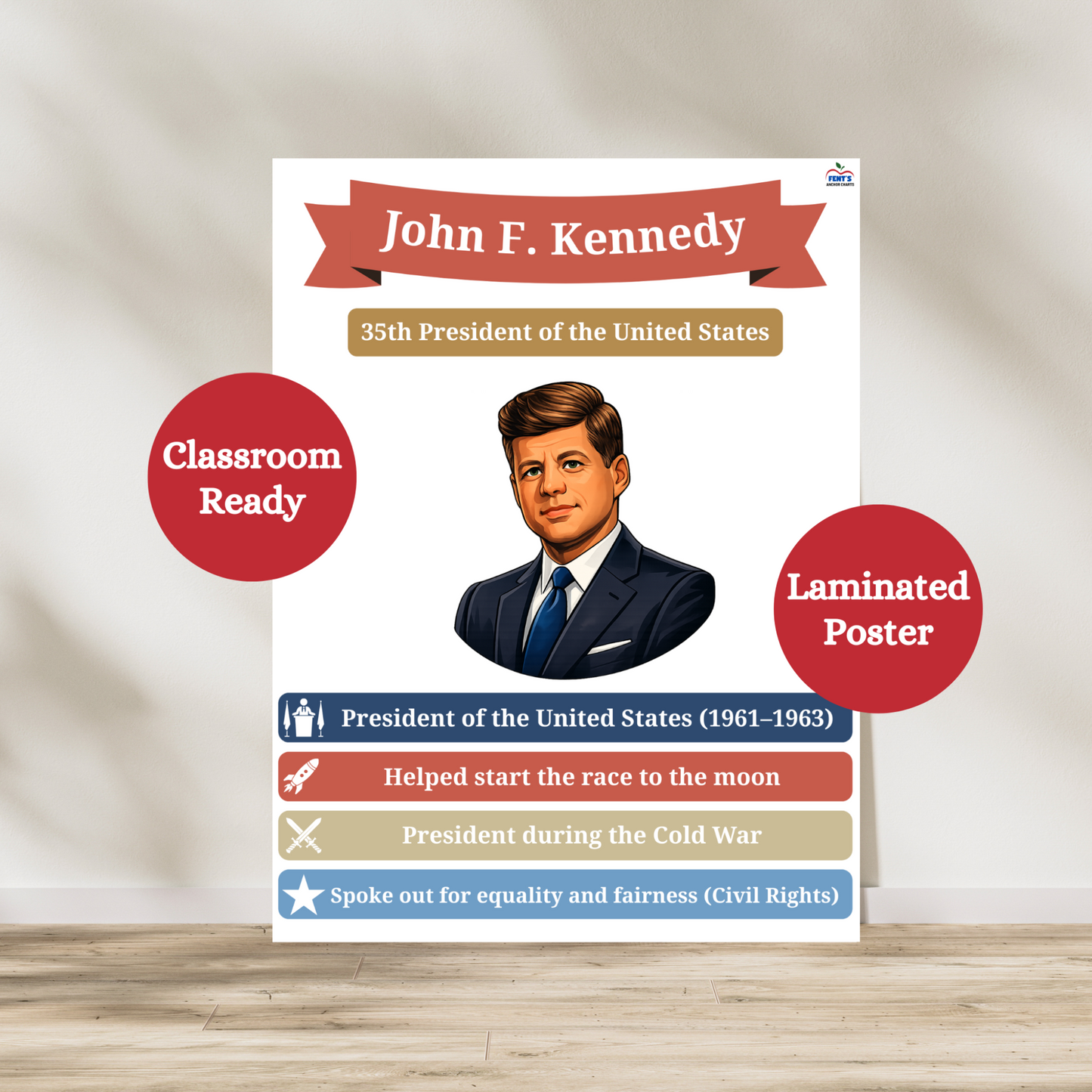 Laminated John F Kennedy laminated poster. Featuring the 35th president of the United States, this anchor chart is great for elementary and middle school social studies and history classrooms.