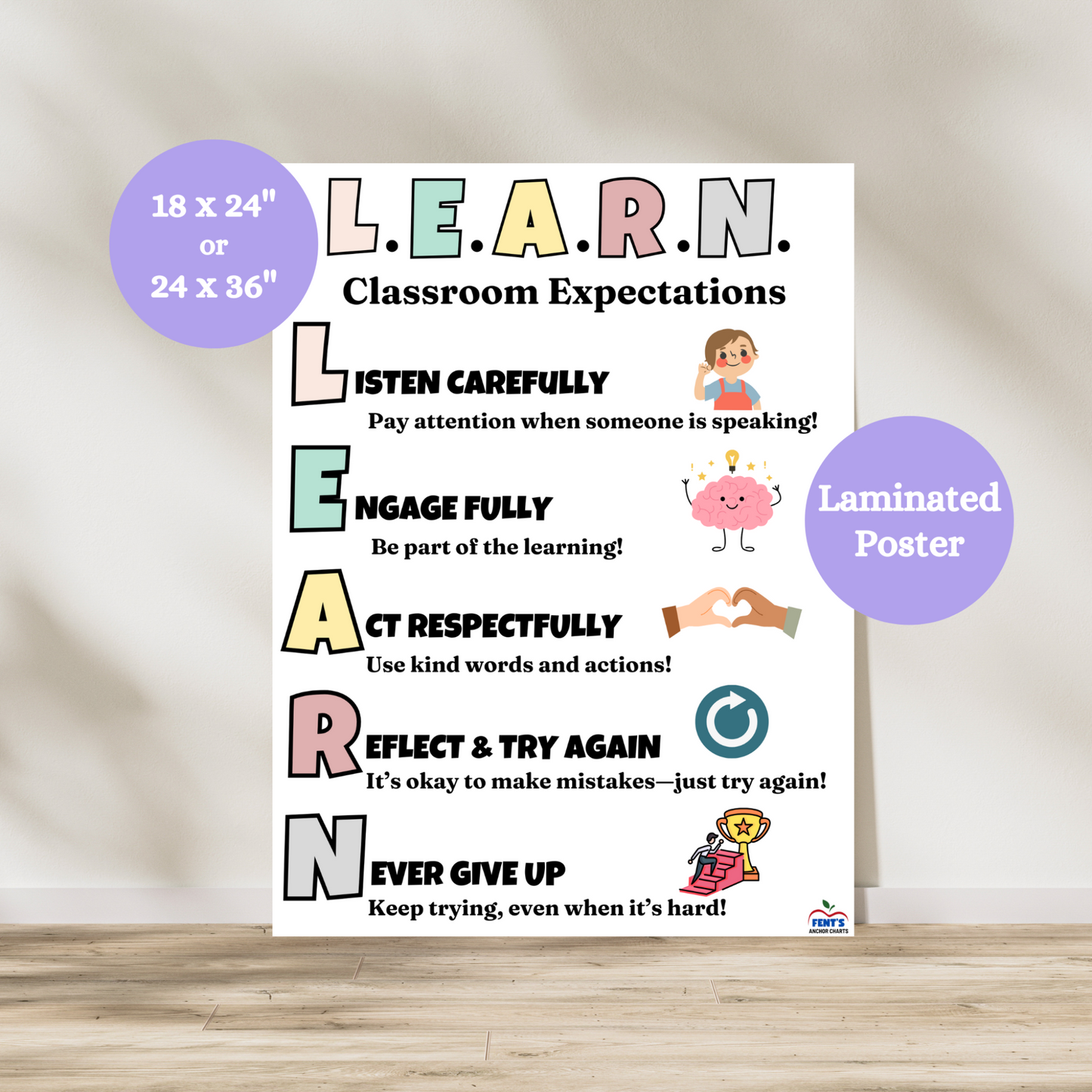 Laminated classroom expectations poster featuring LEARN acronym on a wooden surface with a neutral background