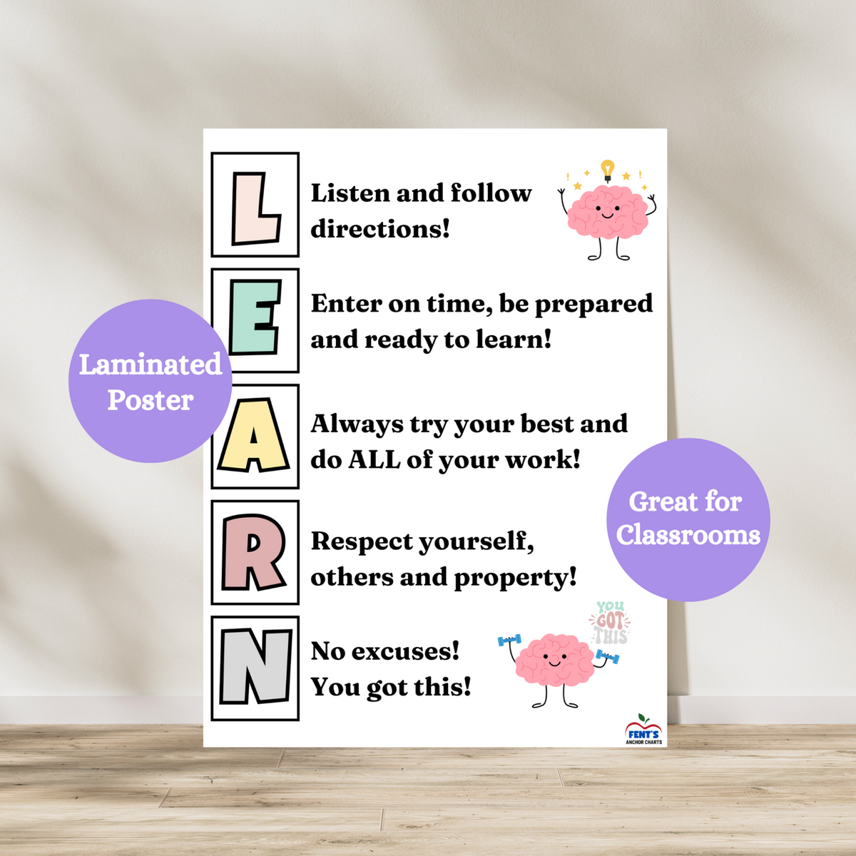 LEARN acronym anchor chart to support classroom management in elementary classrooms. Colorful and vibrant laminated poster to set up classroom expectations. Laminated for durability.