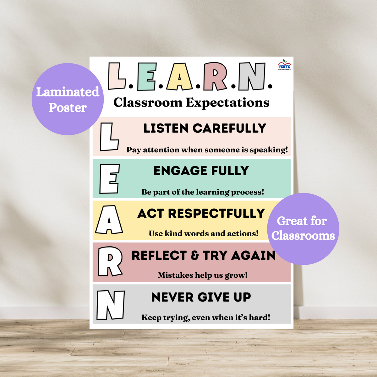 LEARN acronym anchor chart to support classroom management in elementary classrooms. Colorful and vibrant laminated poster to set up classroom expectations. Laminated for durability.