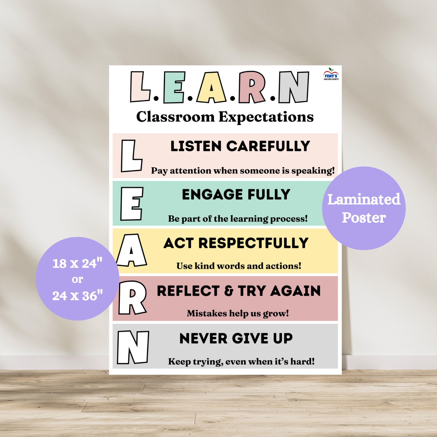 LEARN acronym anchor chart to support classroom management in elementary classrooms. Colorful and vibrant laminated poster to set up classroom expectations. Laminated for durability.